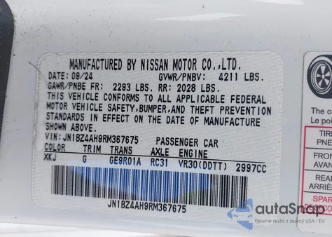 2024 Nissan Z Sport Auto z USA, uszkodzony, nr VIN JN1BZ4AH9RM367675